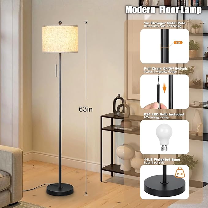 Floor Lamp for Living Room, 63in Black Standing Lamp, 3-Way Dimmable Floor Lamp for Bedroom, Tall Lamp with White Linen Shade for Office
