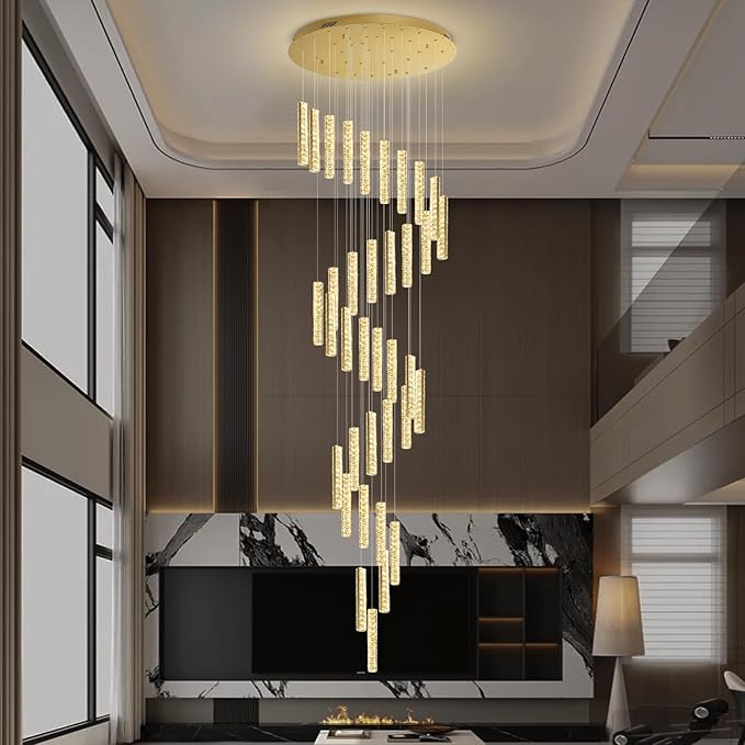 Large Spiral Stair Chandeliers for High Ceilings Long Crystal Chandelier for Foyer LED Dimmable 36-Light Gold 150 Inches High