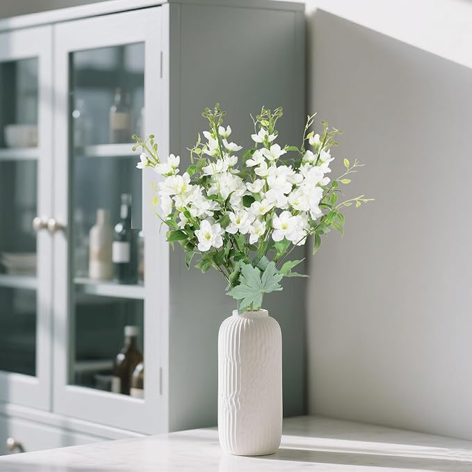 8PCS Artificial Delphinium White Flowers with Clematis Greenery Long Stem Artificial Flowers Cream for Tall Vase for Home Wedding Floral Arrangement Centerpiece Table Decor (Cream White)