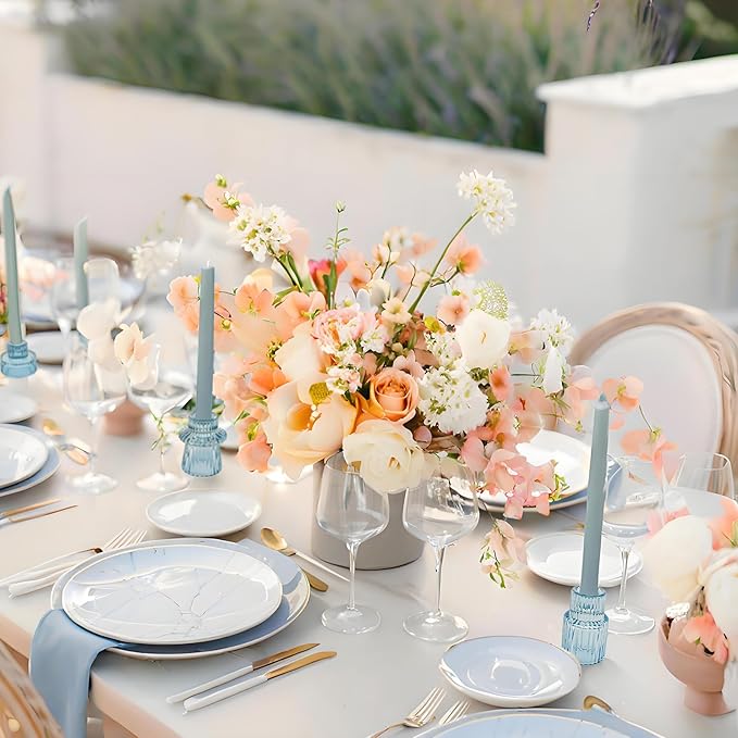 Double Sided Vintage Ribbed Taper Glass Candle Holders,Tea Candle Holder for Table Centerpieces, Wedding Decorations and Dinner Parties (Bule, 6 PCS)