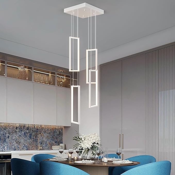 Modern Kitchen Island Dimmable Pendant Light Fixture White 54W LED Pendant Lights 4 Rings Rectangular Chandelier Staircase Large Chandelier Lobby Living Room Foyer High Ceiling Chandeliers