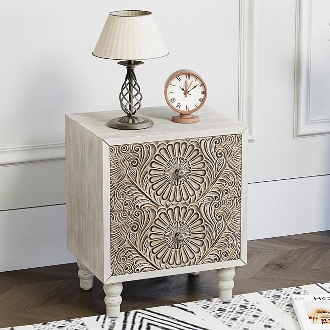 HOMPUS 2-Drawer Farmhouse Nightstand, Fully Assembled Boho Night Stand, Vintage Accent End Table Bedside Table, Small Nightstand Organizer for Bedroom, Laundry, Distress White