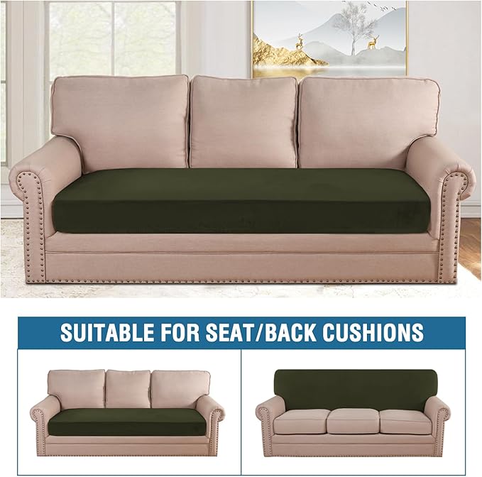 H.VERSAILTEX Velvet Stretch Individual Couch Cushion Cover Plush Cushion Slipcover for Loveseat Sofa Cushion Furniture Protector Seat Cushion Sofa Cover (1 Piece Sofa Cushion Cover, Olive)