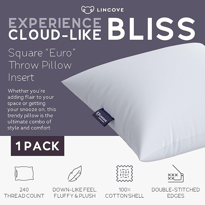 Lincove Euro Throw Pillow Insert Square 26"x26" Pillow – Made in Canada, 100% Cotton Shell, Down Alternative Filling, Vegan-Friendly, Hypoallergenic - Decorative Couch Pillows, 1 Pack