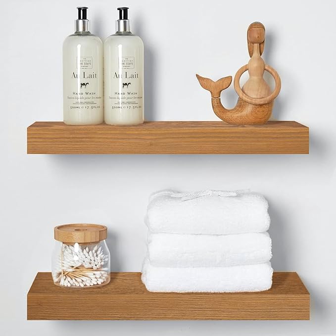 Homeforia 18 inch Golden Oak Floating Shelf, High End Solid Real Wood 18inch Small Floating Shelves for Wall Mounted, Oak Wooden 18in Floating Shelves, Heavy Duty Bracket, 18 X 6.5 X 1.75 in, Set of 2