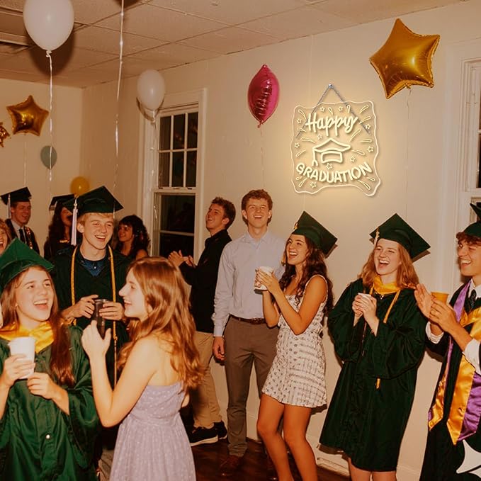 WLHOPE Happy Graduation Neon Sign Dimmable Led Signs for graduation ceremony Wall Decor, Neon Lights USB Powered Transparent Acrylic Board Sign for classroom dorm school Decoration12.6 * 12.99 inch