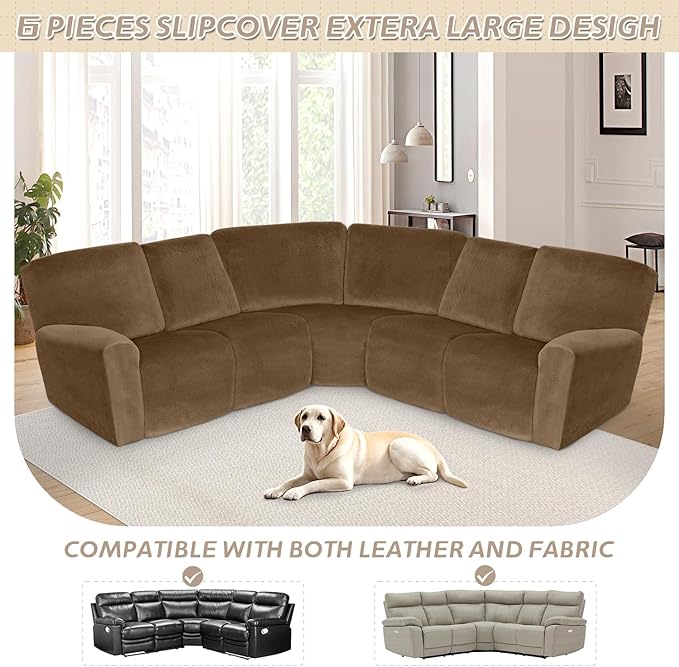 Arfntevss Sectional Recliner Couch Covers Velvet Corner Sectional Sofa Cover for Reclining Couch Stretch Soft L Shape Recliner Slipcover Thick U Shaped Washable Protector (5 Seat Cover, Light Brown)
