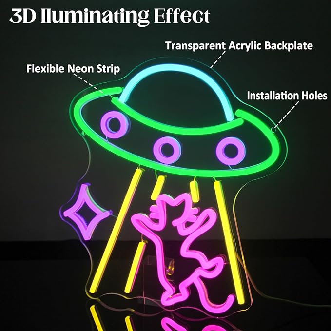 CKTBLEY UFO Cat Neon Sign Fun Alien Neon Light Spacecraft LED Sign Adorable Pink Cat Wall Lights for Bedroom Game Room Man Cave Bar Party Decoration Gifts for Kids Wall Art