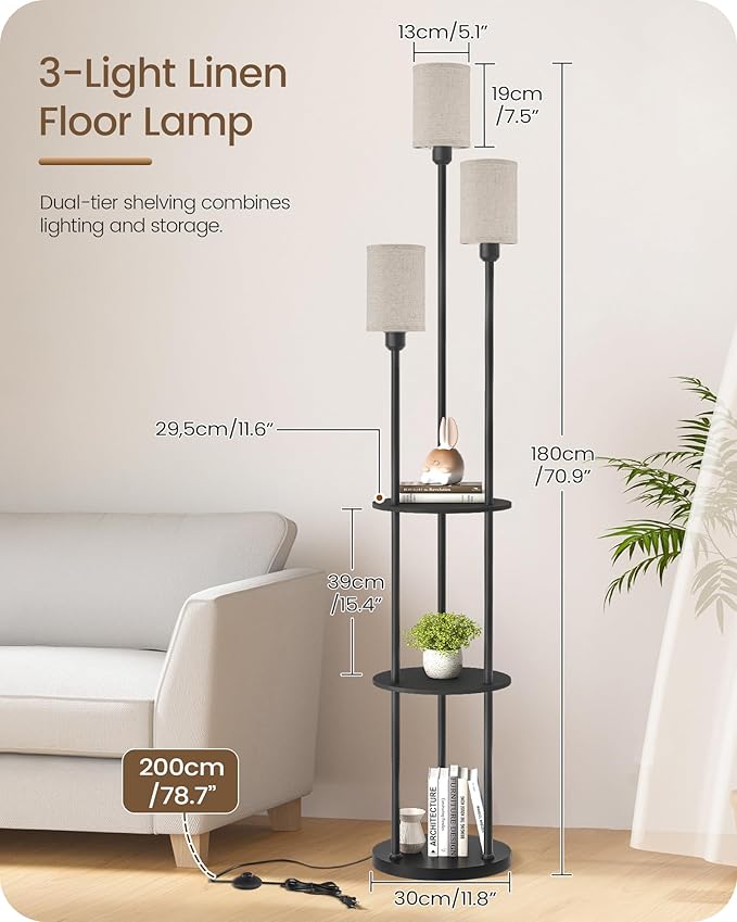 Floor Lamp with Shelves, Modern Floor Lamp with 3 Linen Shades and Foot Switch, 3-Light Standing Lamp, for Living Room, Bedroom, Study, Office, Black and Beige E53LD05