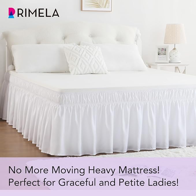 RIMELA Bed Skirt Wrap Around Elastic Dust Ruffles Solid Color Wrinkle and Fade Resistant with Adjustable Elastic Belt Easy to Install White for King & California King Size 18 Inch Drop