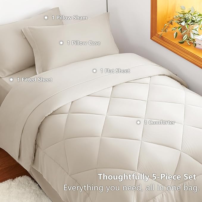CozyLux Twin XL Comforter Set Beige - 5 Pieces Twin Extra Long Bed in a Bag for College Dorm, All Season Bedding Set for Girls and Boys, Soft Bed Set with Comforter, Sheets, Pillowcase & Sham