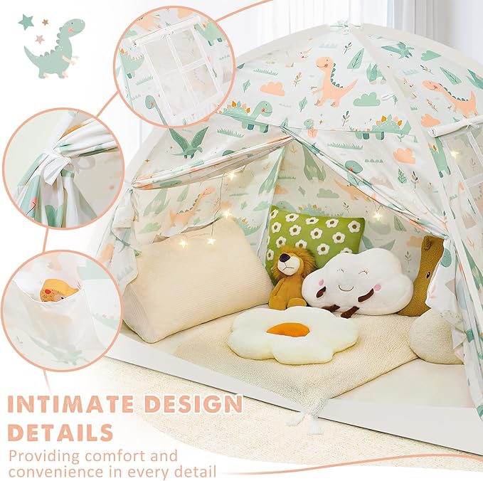 Twin Size Bed Canopy, Twin Bed Tent Indoor with Star Lights, Privacy Space Blackout Sleeping Tents, Indoor Breathable Portable Floor Bed Tent for Boys and Girls, Dinosaur