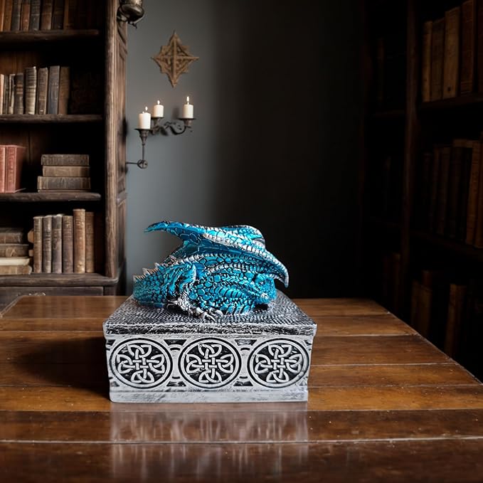 Dragon Statue Jewelry Box, Medieval Fantasy Myth Dragon With Cover Treasure Box, Dragon Statue Decoration Collection Gift Box. (Blue)