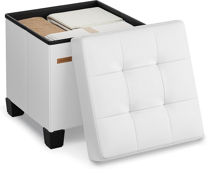 SONGMICS Storage Ottoman, Cube Ottoman with Legs, 15 x 15 x 15.7 Inches, Footstool, Footrest, 10 Gal. (37 L), Synthetic Leather, for Bedroom, Living Room, Dorm, Cloud White ULSF0512W02
