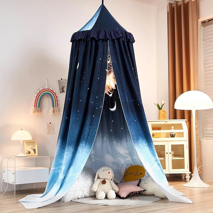 Kertnic Decor Canopy for Kids Bed, Soft Smooth Playing Tent Canopy Girls Room Decoration Princess Castle, Dreamy Mosquito Net Bedding, Children Reading Nook Canopies in Home (Night Sky-Ruffle)