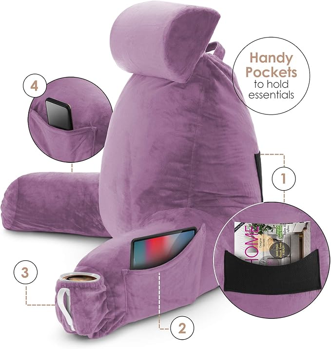 Nestl Reading Pillow Large Bed Pillow, Back Pillow for Sitting in Bed Shredded Memory Foam Chair Pillow Reading & Bed Rest Pillows Lavender Dream Back Pillow for Bed, Bed Chair Arm Pillow with Pockets
