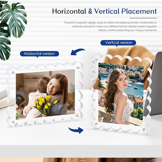 Magnetic Photo Frame 6×8Inch - 2Pack Acrylic Scalloped Glass Frames, 12+12mm Thick Double-Sided Design.Clear Picture Frame with Thick Block | Trendy Home Gift Set (2 Pack, 6×8)