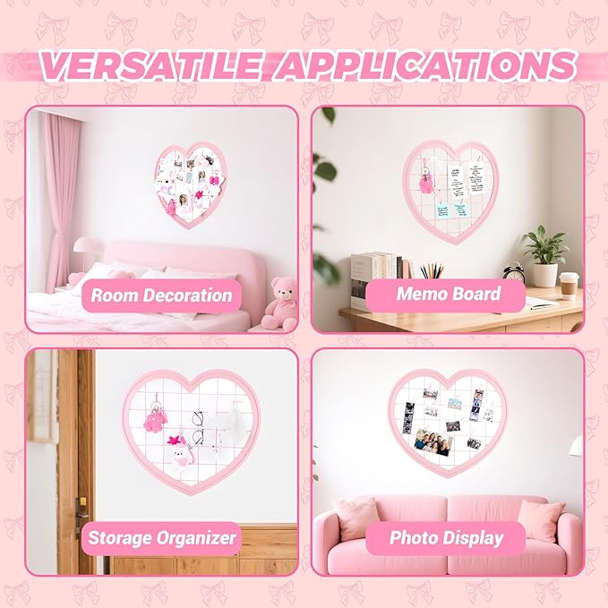 Pink Preppy Coquette Room Decor, Heart Shape Wire Wall Grid Panel for Photo Display Board and Wall Storage Organizer, Wall Decor for Teen Girls and Women Home Bedroom Living Room and Dorm