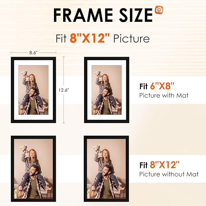 FIXSMITH 8x12 Picture Frame Set of 4, Photo Frame with HD Plexiglass, Display Pictures 6x8 with Mat or 8x12 Without Mat, Black Picture Frames Collage Wall Decor, Gallary Wall Frame