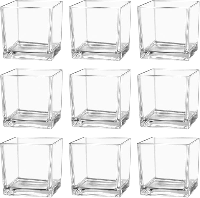 Square Glass Vases Set of 9, 4"x 4"x 4" Flower Vases for Centerpieces, Clear Glass Vase for Flowers, Small Vase for Wedding, Party, Home Office Decoration
