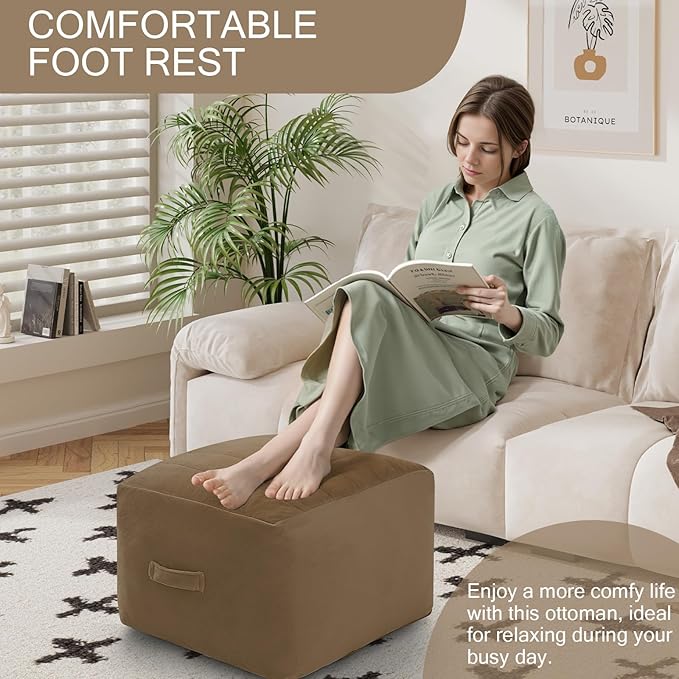 MeMoreCool Square Stuffed Pouf Ottoman Foot Rest, Floor Pouf Foot Stool with Foam Chunk Filling, Soft Stuffed Ottoman Footrest for Living Room, Light Coffee