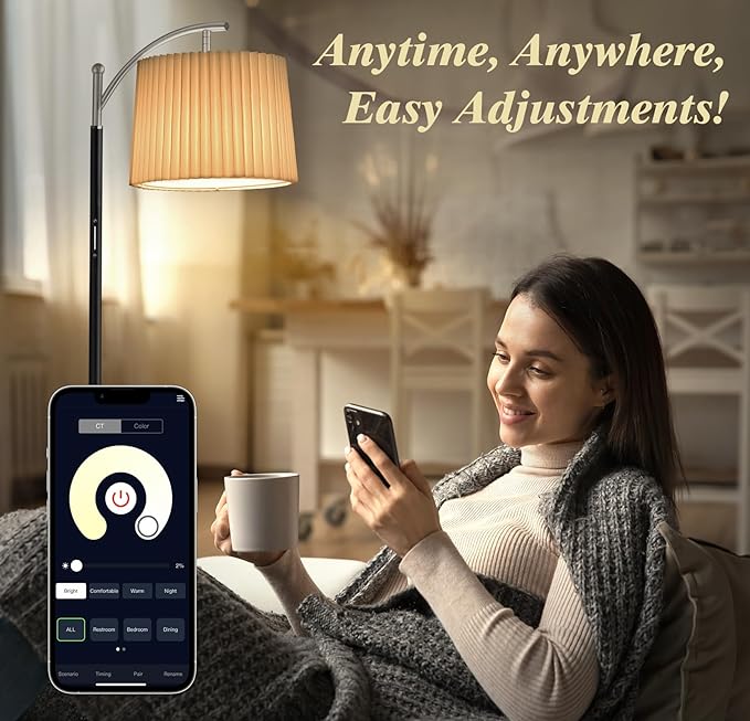 Floor Lamp, LED Floor Lamp with APP & Remote & Touch Control, Stepless Color Temperatures and Brightness, Tall Standing Lamp with Pleated Lampshade for Living Room, Bedroom, Office(Black Nickel)