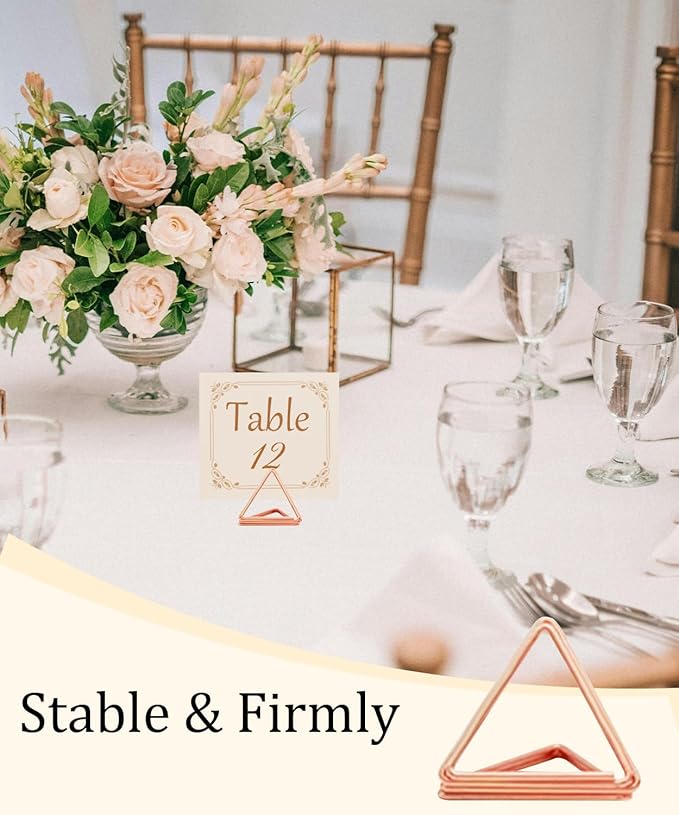 36 Pcs Triangle Table Number Holders - Rust-Resistant Metal Place Card Stands for Weddings, Office & Home Decor(Rose Gold)