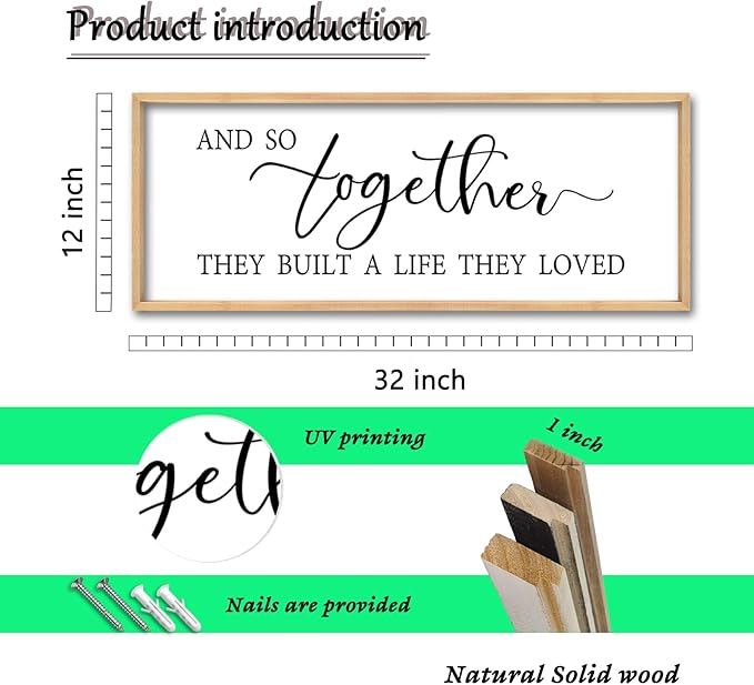 And So Together They Built A Life They Loved Wall Decor 32"X12" Inspirational Family Quote Sign for Bedroom Master Bedroom Above Bed Couple Large Wood Framed Art Wall Hanging (Wood)