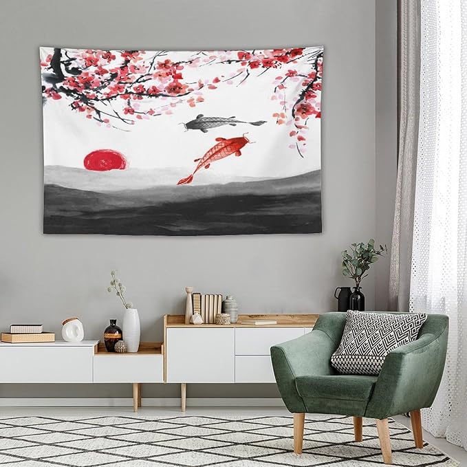 Houselerax Japanese Koi Fish Tapestries, Cherry Blossoms Asian Oriental Flower Branch Koi Fish Carp Tapestry Wall Hanging for Bedroom Living Room Office Decor 90"x60"
