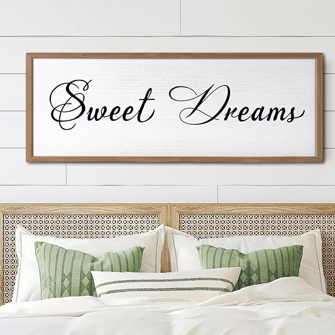 Sweet Dreams Wall Decor Above Bed 40x15 Inch Large Master Bedroom Hanging Wood Rustic Framed Farmhouse Sweet Dreams Sign Guest Room Aesthetic And Minimalist Over Bed Wall Art（Wood White）
