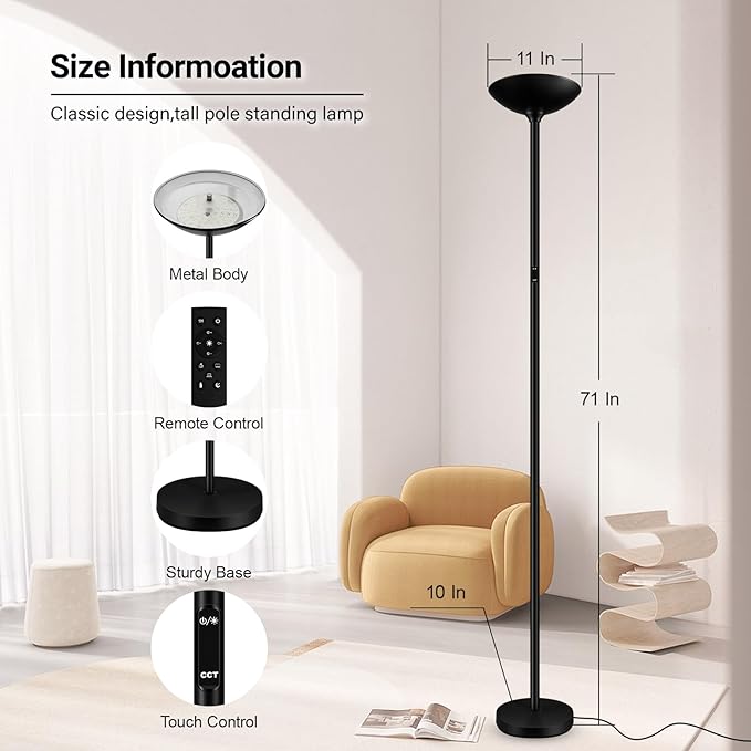 BoostArea Dimmable Floor Lamp,30W 3000LM Super Bright LED Torchiere Standing Lamp with Remote & Touch Control,71 in Tall Pole Sky Modern Floor Lamps for Living Room Bedroom Office,2700k-6500k,Black