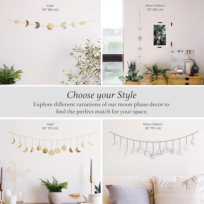 BASE ROOTS Moon Phase, White Gray Wall Decor for Bedroom & Living Room, Bohemian Wall Decor, Handmade Hammered Metal 34" 7 Phases Moon, Celestial Wall Art, Gift for Women & Kids