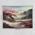 Japanese Tapestry, Red Plum Cherry Blossom Mountain, Nature Landscape, Bedroom & Living Room Decor, 80"x60"