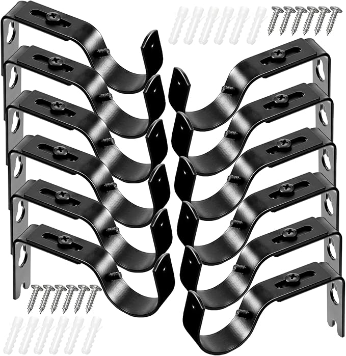 Frienda 12 Pcs Curtain Rod Brackets Adjustable Holder Wall for 1 Inch Diameter Curtain Rod General Bracket Hooks with Screws (Bright Black)