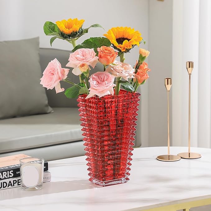 MCMCNCUIU Crystal Glass Vase, Large Crystal Vases for Flowers, Large Flower Vase, Red Modern Vases for Living Room, Bedroom, Kitchen, Dining Table, Mantle, Wedding, 11 Inches