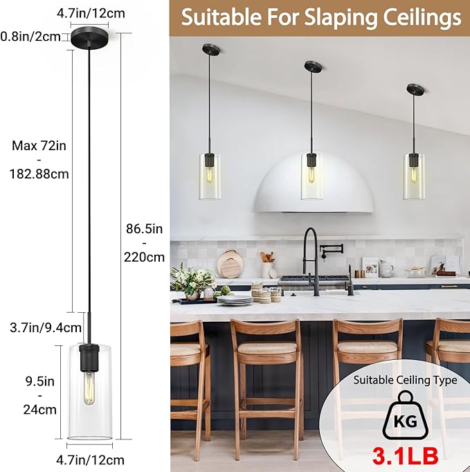 Modern Black Pendant Lights Kitchen Island 2 Pack Glass Pendant Light, 9.5in Farmhouse Clear Glass Cylinder Pendant Light Kitchen Pendant Lighting Over Island for Sink, Bathroom, Bar,Dining