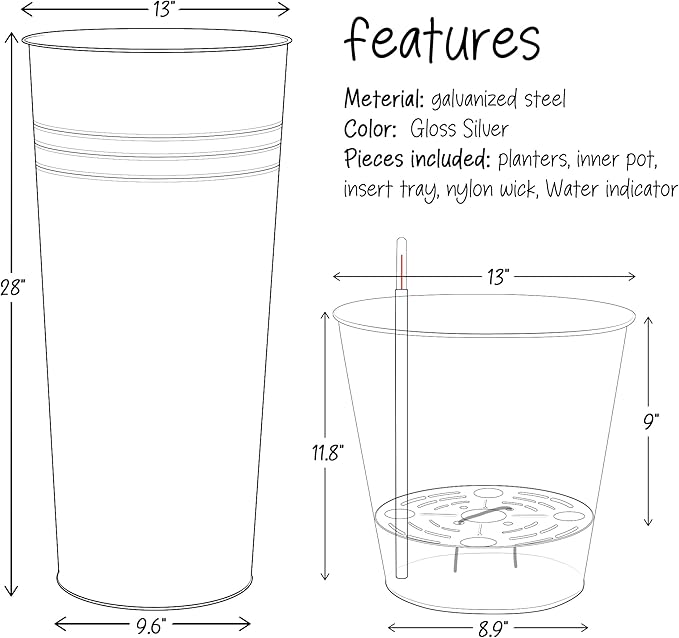 KOL 28'' Tall Galvanized Steel Planter Pot - Flower Pot with Water Level Indicator for Plants - 2-Pack Self Watering Planters - Round Silver Powder Metal Planter Box - Indoor Outdoor Grande Plant