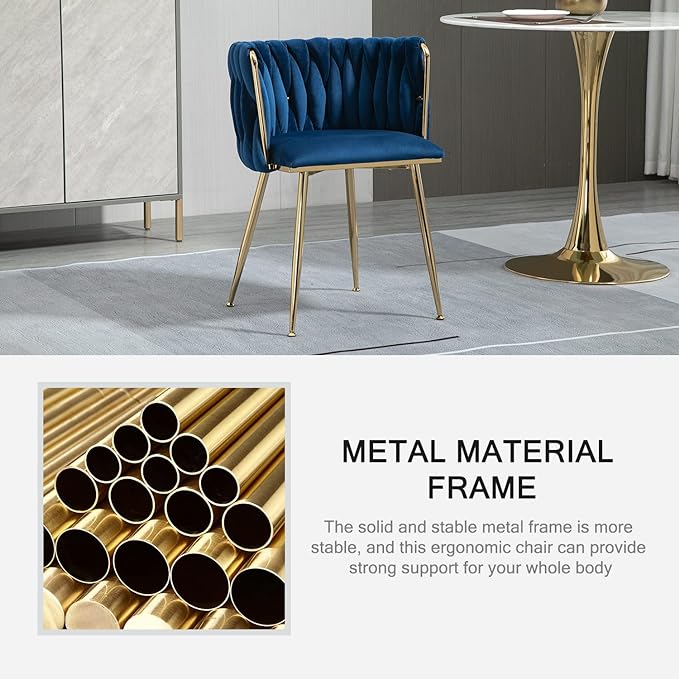 Nrizc Woven Dining Chairs Set of 2, Velvet Upholstered Dining Chairs with Gold Metal Legs, Modern Accent Chairs for Living Room, Dining Room, Kitchen (Blue)