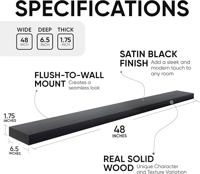 Homeforia Black Floating Shelf 48 inches, High End Solid Real Wood 48 inch Long Floating Shelves for Wall, Black Wooden 48inch Large Floating Shelves, Heavy Duty Bracket, 48 X 6.5 X 1.75 in, Set of 2