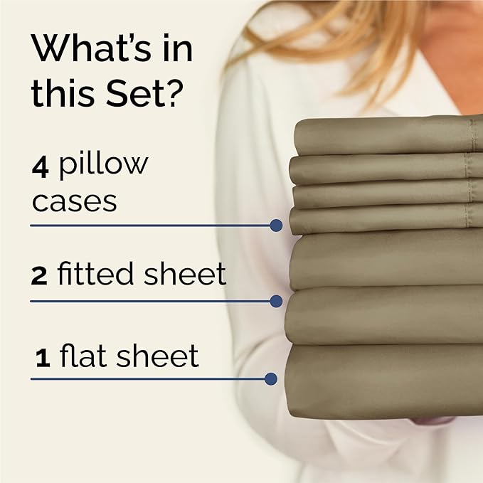 Split King Sheets Set 7 Piece - Includes 4 Pillowcases - Bed Sheets Split King - Soft Hotel Luxury Bedding - Cooling, Comfy & Breathable - 1 Flat & 2 Fitted & 4 Pillowcases w/ Deep Pockets - Khaki