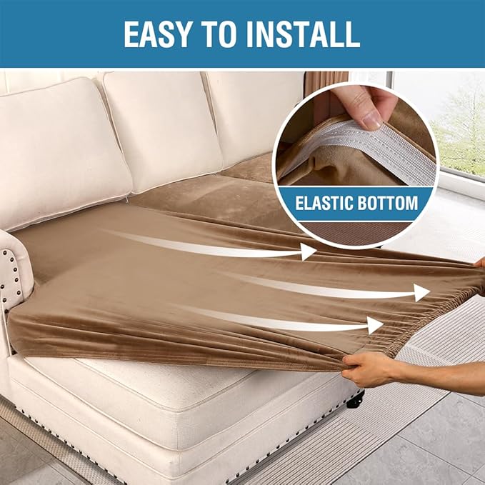 H.VERSAILTEX Velvet Stretch Sectional Couch Covers 3 Pieces Sofa Seat Cushion Covers L Shape Separate Cushion Couch Cover for Both Left/Right Sectional Couch (Large Sofa 2 Seater + 1 Chaise, Camel)