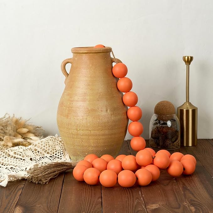 OMISHE 60" Long Extra Large Wood Bead Garland with 1.6" Diameter Wooden Beads and Tassels, Rustic Farmhouse Country Decorative Beads for Home Tiered Tray Decor, Orange