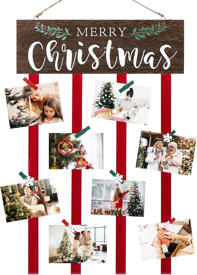 Christmas Card Holder Display, Card Holder Wall Display, Merry Christmas Wooden Decor, Xmas Hanging Picture Holders with 24 Photo Clips, Xmas Decor for Wall Door Window Home