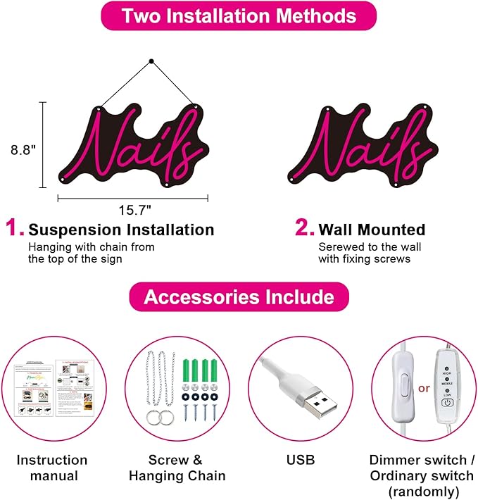HDJSIGN Nails Neon Sign - LED Pink Nail Salon Sign for Beauty Room Wall Decor - USB Neon Lights