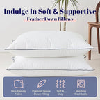Cosybay Goose Feather and Down Bed Pillow, Premium Medium White Pillow Inserts for Sleeping, Luxury Bedding Pillows for Side and Back Sleepers, Queen Size, 20x28 Inches, 2 Pack