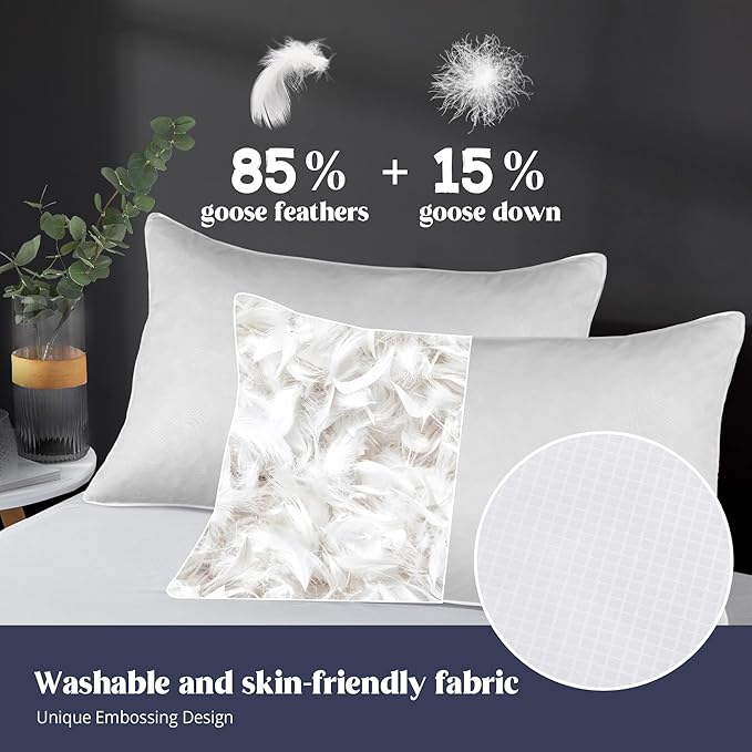 puredown® Soft Bed Pillows for Sleeping, Goose Feather Down Pillows Hotel Collection Standard Size of 2, Geometric Pattern Embossing Pillows for Back Stomach Side Sleepers (20 x 26, 2 Pack)