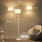 36W LED Arc Floor Lamp with 3 White Fabric Shades, 3001LM Super Bright Standing Lamp with Remote Control & Touch, Stepless Dimming, Individual Light Control for Living Room, Bedroom