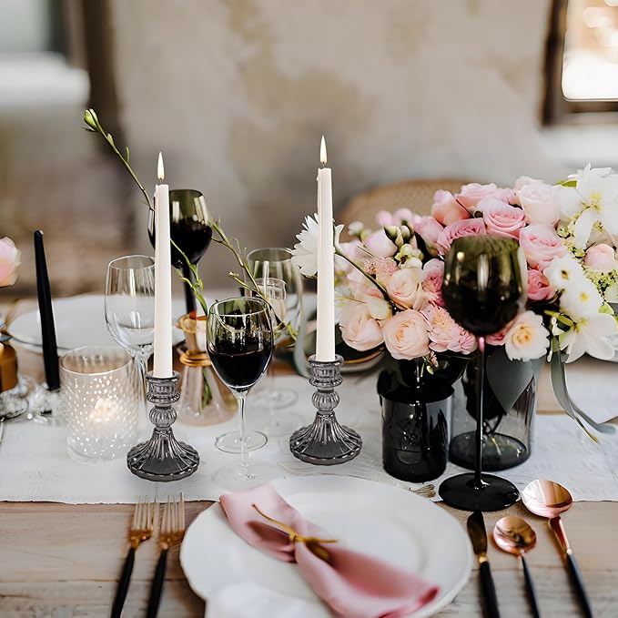 Glass Candlestick Holder,Striped Taper Candle Holders,Set of 6 Candle Stand for Table Centerpieces, Home Decor,Weddings,Festival and Parties (Grey Stripe Pattern)