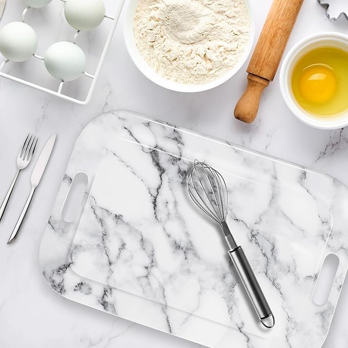 Serving Trays with Handles, 14.5 x 9.8 inch Rectangular Plastic Tray for Restaurant, Kitchen, Gray White Marble