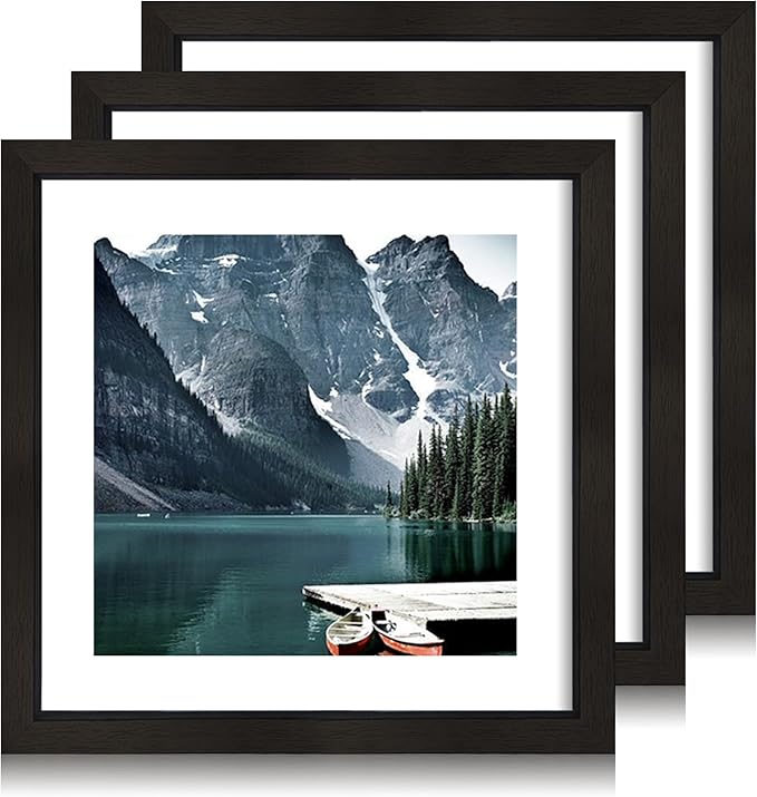 10x10 Black Picture Frames set of 3, Made of Wooden and Real Glass Square Photo frame - Displays 8x8 Picture With Mat or 10 x 10 Without Mat, Desktop & Wall Collage Frame set